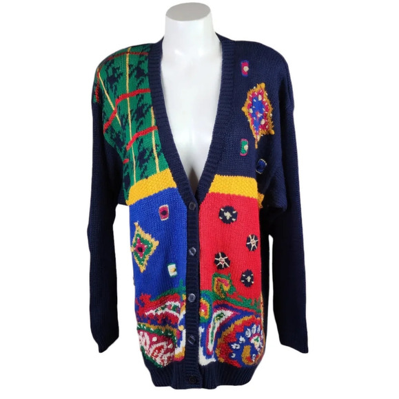 Vintage Chaus Embroidered Preppy  Cardigan Paisley Plaid Cotton Navy Size Large - Picture 1 of 14